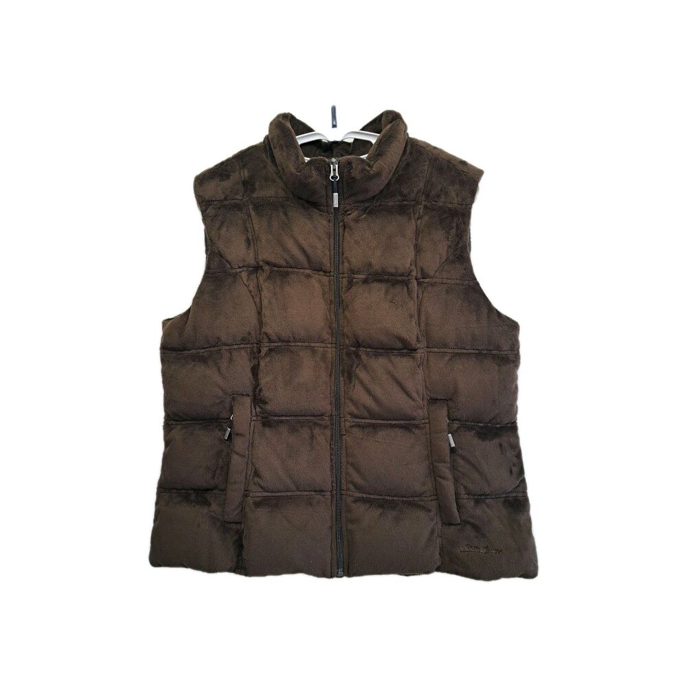 Eddie Bauer Brown Goose Down Quilted Puffer Velvet Velour Vest XL